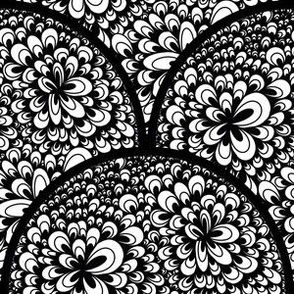 6” Black and White Blooming Doodle Art Deco Scallop - Small