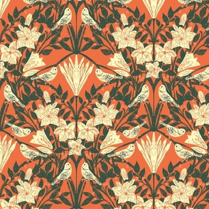 Birds and Flowers - cream - orange - dark green | Lily blooms with evergreen leaves and light orange berries | Large Version | Vintage bird and floral print