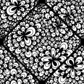 12” Black and White Blooming Doodle Geo Diamond Tile - Medium