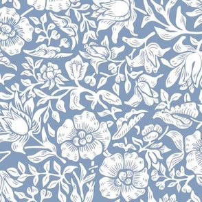 British Vintage William Morris and Co.  Mallow Floral in White and  Sky Blue Medium Scale