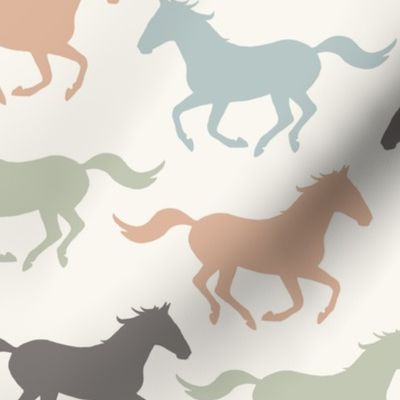 Wild Running Horses Green/ Blue/ Ecru White