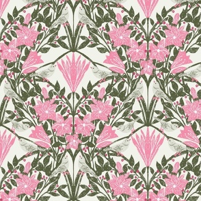 Birds and Flowers - pink - magenta | Lily blooms with evergreen leaves and  berries | Large Version | Vintage bird and pink floral print