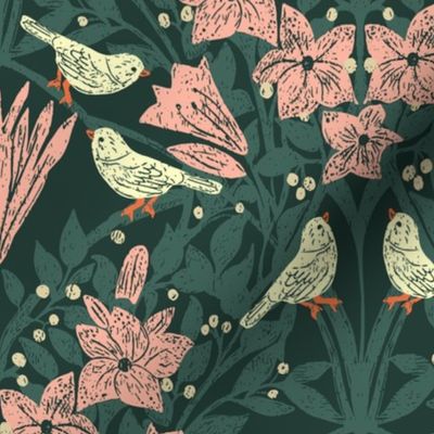 Birds and Flowers - cream - pink | Lily blooms with evergreen leaves and berries | Medium Version | Vintage bird and pink floral print