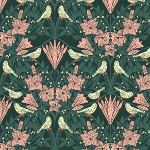 Birds and Flowers - cream - pink | Lily blooms with evergreen leaves and berries | Medium Version | Vintage bird and pink floral print