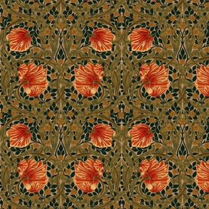 Pimpernel - SMALL 10“ historical reconstructed damask moody floral wallpaper by William Morris - shiny orange and sage dark green antiqued restored reconstruction  art nouveau art deco - linen effect