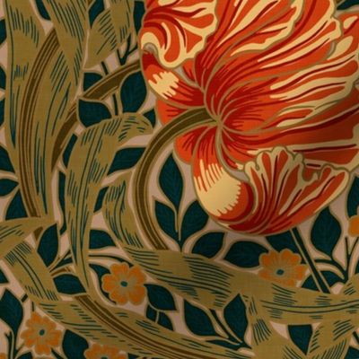 Pimpernel - LARGE 21“ historical reconstructed damask moody floral wallpaper by William Morris - shiny orange and sage dark green antiqued restored reconstruction  art nouveau art deco - linen effect