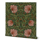 Pimpernel By William Morris- Large - Perfect Glamour for Heritage, English Cottage, A New Farmhouse - Grandmillennial Opulent Victorian Pimpernell Flowers For Luxury Elegant Home Decor and Wallpaper - sage green shiny Peach maroon linen effect