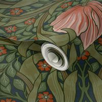 Pimpernel By William Morris- Large - Perfect Glamour for Heritage, English Cottage, A New Farmhouse - Grandmillennial Opulent Victorian Pimpernell Flowers For Luxury Elegant Home Decor and Wallpaper - sage green shiny Peach maroon linen effect