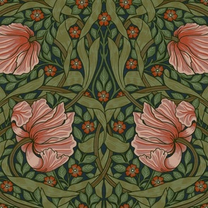 Pimpernel - LARGE 21“ historical reconstructed damask moody floral wallpaper by William Morris - shiny peach and sage dark green antiqued restored reconstruction  art nouveau art deco - linen effect