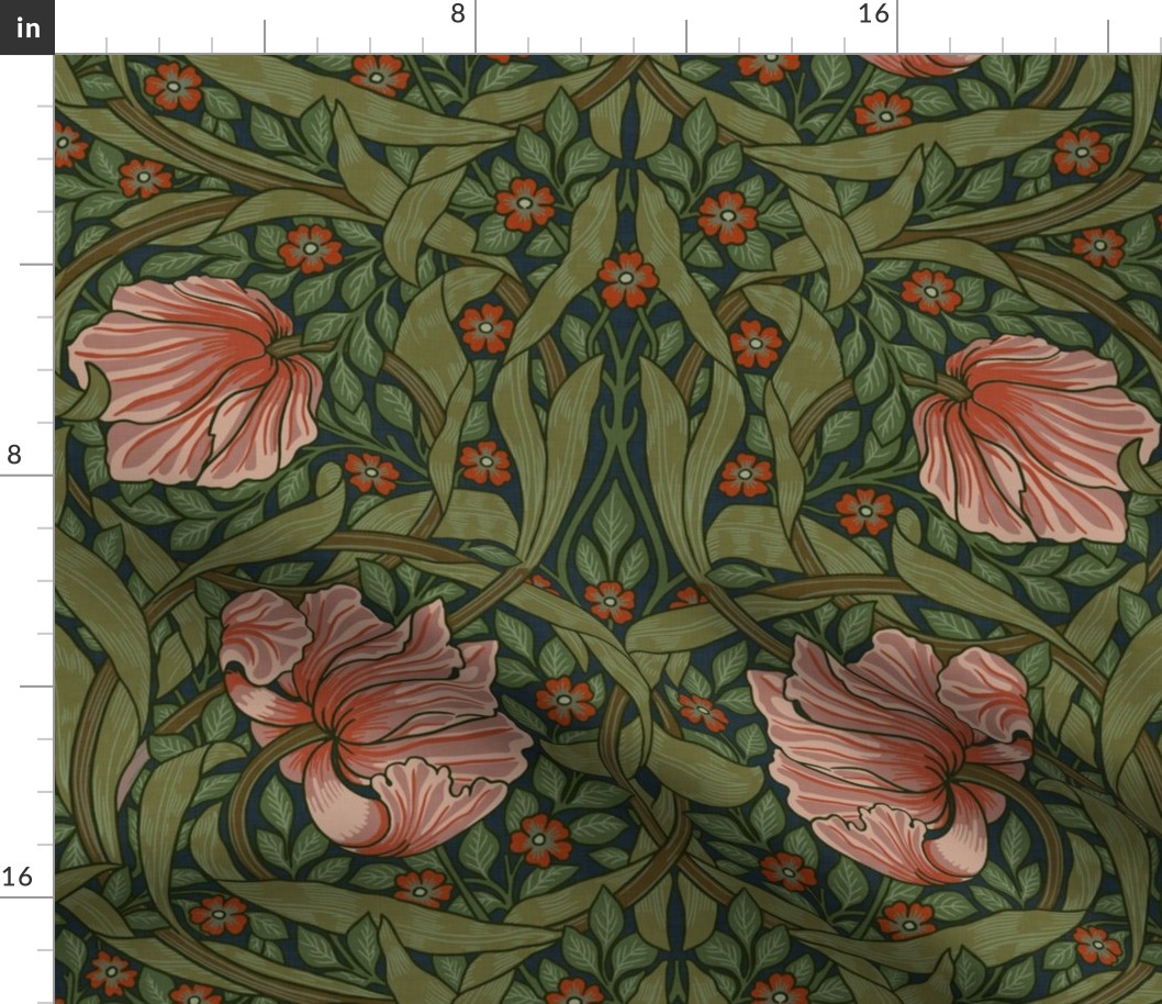 Pimpernel - LARGE 21“ historical reconstructed damask moody floral wallpaper by William Morris - shiny peach and sage dark green antiqued restored reconstruction  art nouveau art deco - linen effect