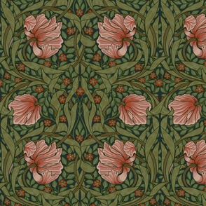 Pimpernel - MEDIUM 14“ historical reconstructed damask moody floral wallpaper by William Morris - shiny peach and sage dark green antiqued restored reconstruction  art nouveau art deco - linen effect