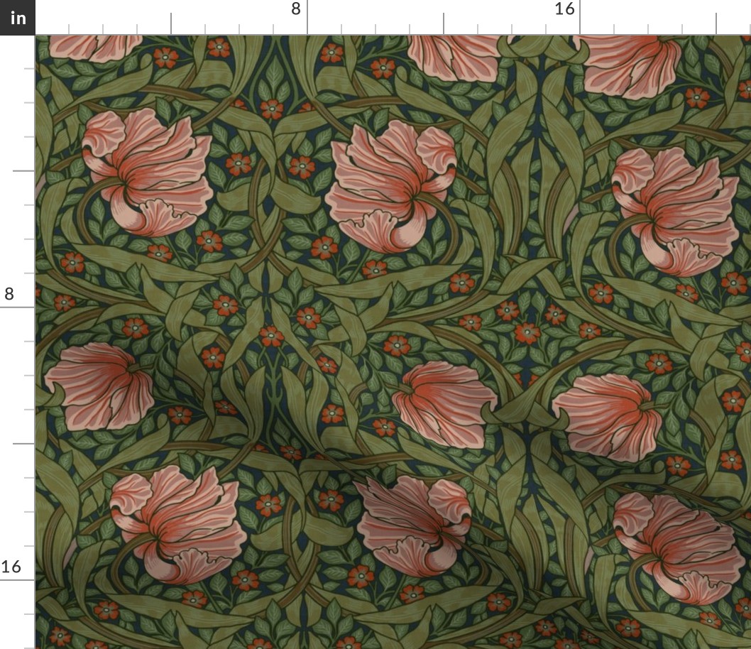 Pimpernel - MEDIUM 14“ historical reconstructed damask moody floral wallpaper by William Morris - shiny peach and sage dark green antiqued restored reconstruction  art nouveau art deco - linen effect