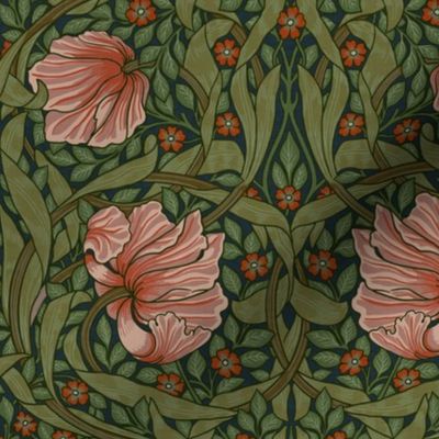 Pimpernel - SMALL 10“ historical reconstructed damask moody floral wallpaper by William Morris - shiny peach and sage dark green antiqued restored reconstruction  art nouveau art deco - linen effect