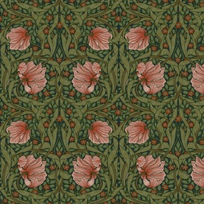 Pimpernel - SMALL 10“ historical reconstructed damask moody floral wallpaper by William Morris - shiny peach and sage dark green antiqued restored reconstruction  art nouveau art deco - linen effect