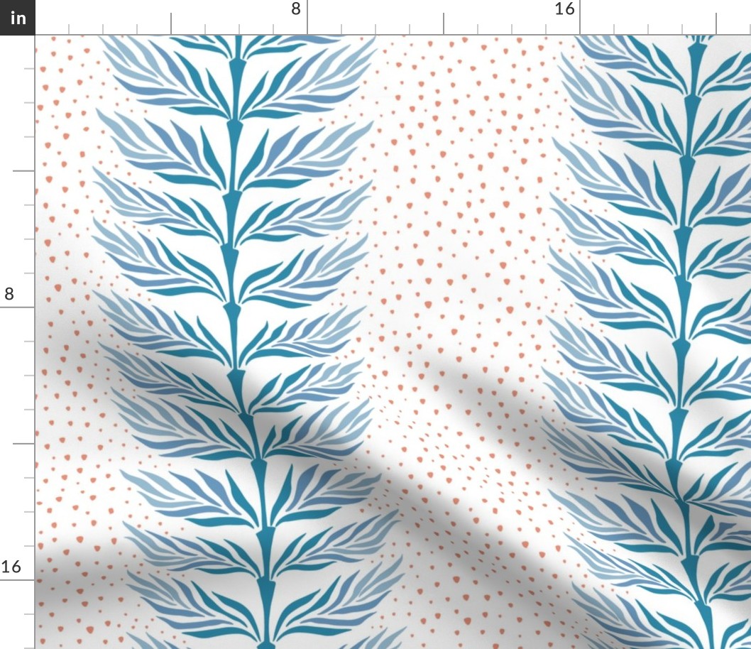 palm leaf stripes/teal blue with orange dots/large