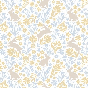 springtime bunnies and floral silhouettes/soft pastel blue and yellow
