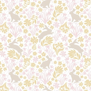 springtime bunnies and floral silhouettes/soft pastel pink and yellow