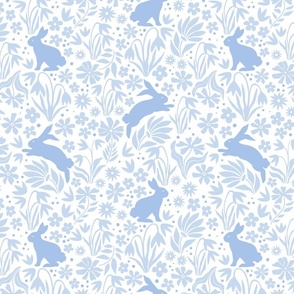 springtime bunnies and floral silhouettes/blue and white