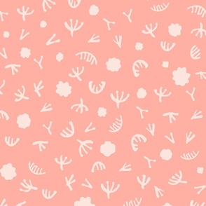 Tiny Flowers, Dandelions, Grass, Wildflower, Simple Complementary Botanical Print on Pink Background