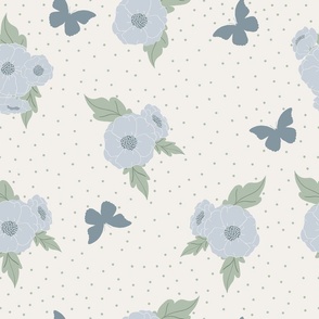Poppies and Butterflys Denim Blue Large