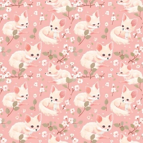 Pastel Fennec Fox Blush Pink Cherry Blossoms for a Dreamy Girls' Room Floral Fabric  Small Repeat