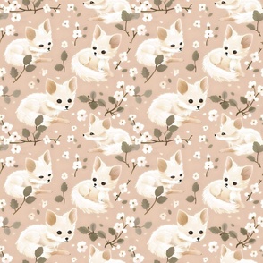 Beige Nude Tan Fennec Fox White  Blossoms for a Dreamy Girls' Room Floral Fabric Small Repeat