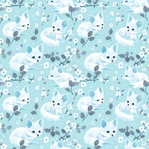 Light Sky Blue  Fennec Fox White  Blossoms for a Dreamy Girls' Room Floral Fabric  Small Repeat