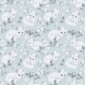 Light Gray Fennec Fox White  Blossoms for a Dreamy Girls' Room Floral Fabric Small Repeat