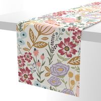 Flo's Garden Party wallpaper scale playful floral in bright bold colours.  Raspberry pink purple blue and gold vibrant flowers for girls room