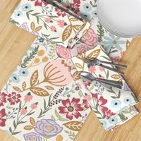 Flo's Garden Party wallpaper scale playful floral in bright bold colours.  Raspberry pink purple blue and gold vibrant flowers for girls room