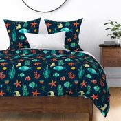 Fun ocean design, featuring colorful fish, starfish, corals, and seaweed (deep blue)