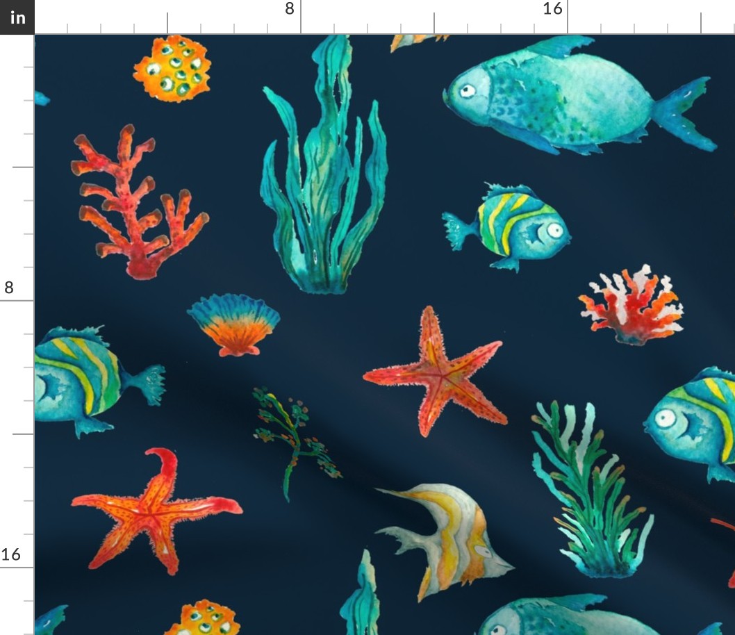 Fun ocean design, featuring colorful fish, starfish, corals, and seaweed (deep blue)