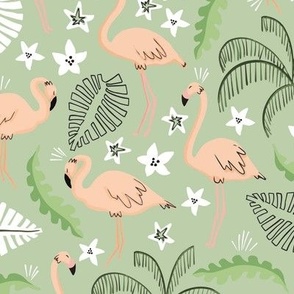 Fun Flamingos - Flamingo Flock in the Forest - on Green
