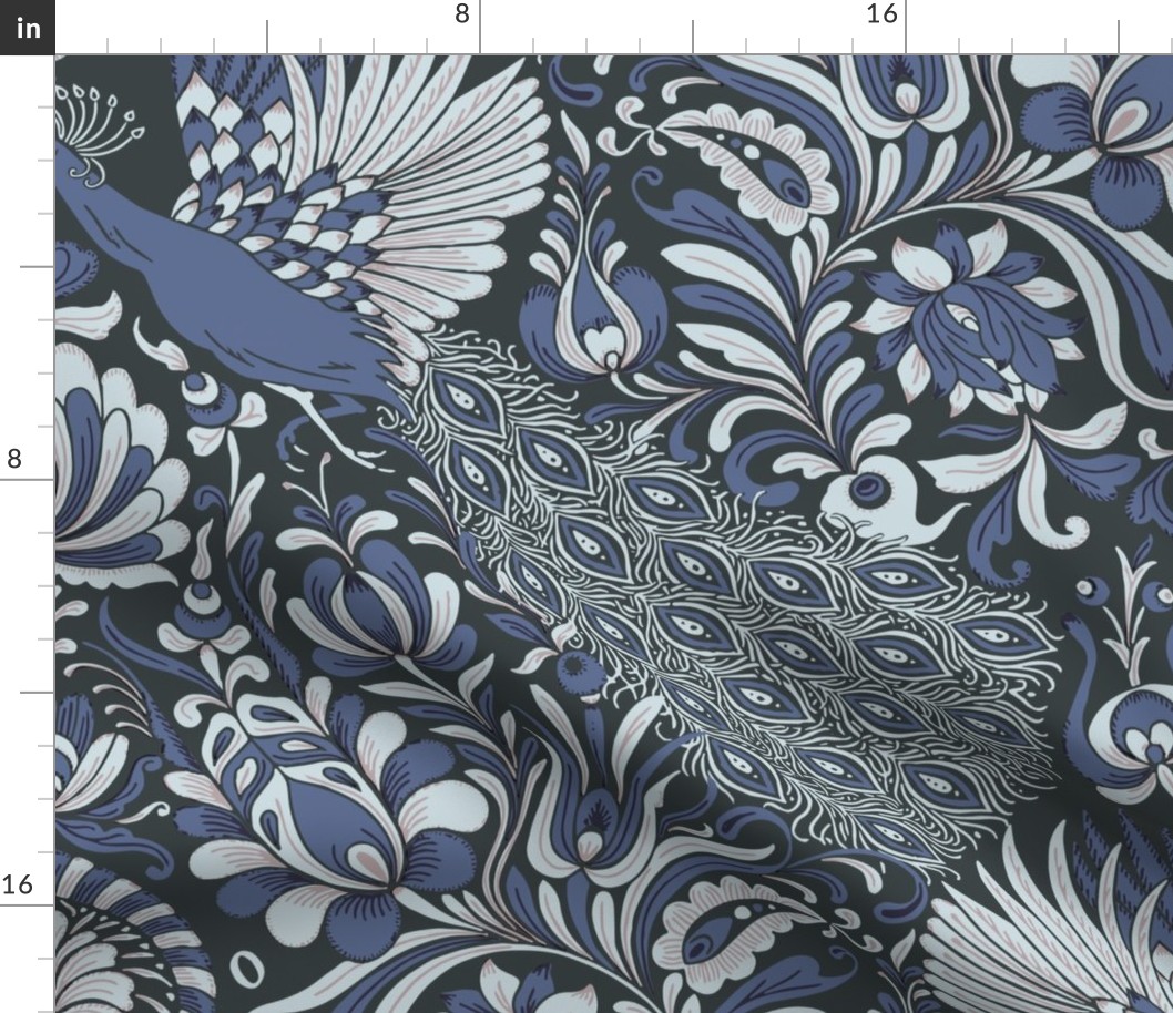 peacock damask blue silver