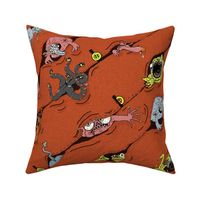 Cheeky Halloween Monsters playing Peekaboo // on Pumpkin-Orange Textured Fabric