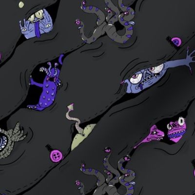 Cheeky Halloween Monsters playing Peekaboo // Electric Violets on Stone Gray