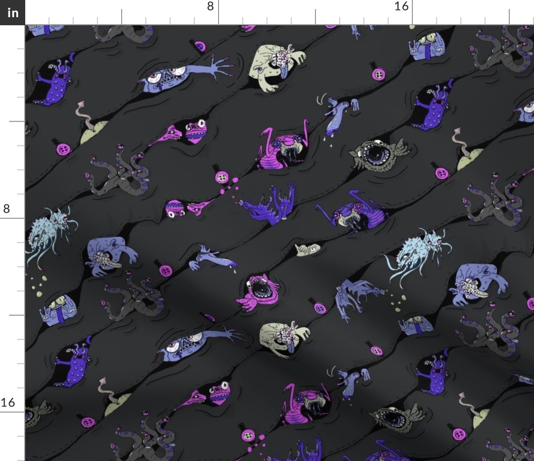 Cheeky Halloween Monsters playing Peekaboo // Electric Violets on Stone Gray