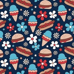 4th of July American Summer Holiday patriot print food snacks with groovy flowers ice-cream hotdogs and hamburgers USA palette red blue on navy