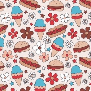 4th of July American Summer Holiday patriot print food snacks with groovy flowers ice-cream hotdogs and hamburgers USA palette red blue on ivory