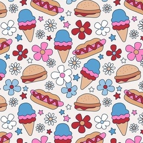 4th of July American Summer Holiday patriot print food snacks with groovy flowers ice-cream hotdogs and hamburgers USA palette red blue pink on ivory