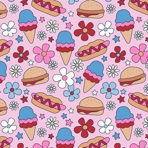 4th of July American Summer Holiday patriot print food snacks with groovy flowers ice-cream hotdogs and hamburgers USA palette red pink blue on bubblegum