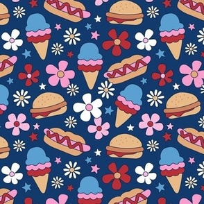 4th of July American Summer Holiday patriot print food snacks with groovy flowers ice-cream hotdogs and hamburgers USA palette pink red blue on navy