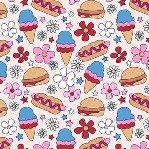 4th of July American Summer Holiday patriot print food snacks with groovy flowers ice-cream hotdogs and hamburgers USA palette pink red sky blue on ivory