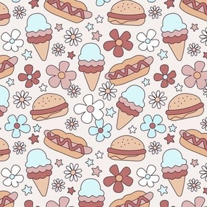 4th of July American Summer Holiday patriot print food snacks with groovy flowers ice-cream hotdogs and hamburgers USA vintage palette pastel blue red beige neutral