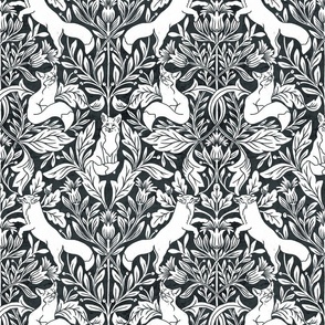 Woodland fox in cream white and dark navy blue, William Morris inspired