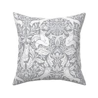 Woodland fox in cream white and silver blue steel grey, medium, William Morris inspired