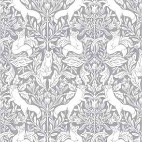 Woodland fox in cream white and silver blue steel grey, medium, William Morris inspired