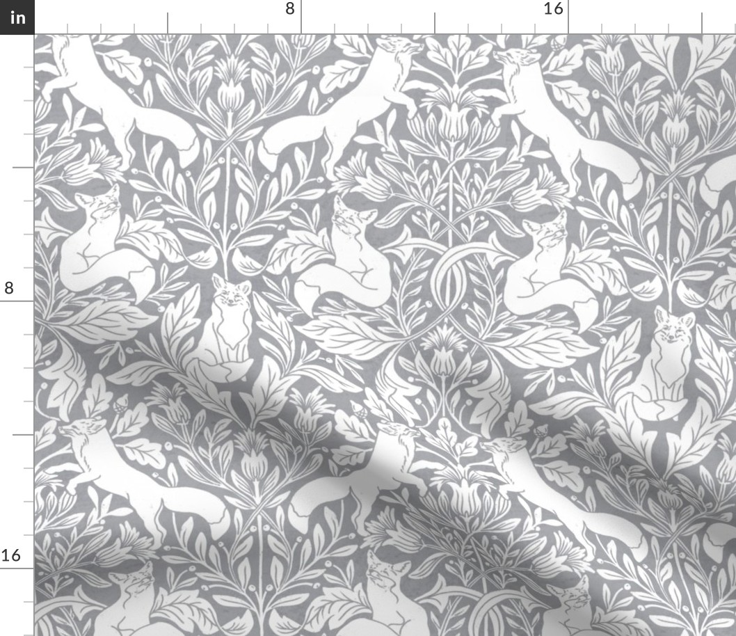 Woodland fox in cream white and silver blue steel grey, medium, William Morris inspired