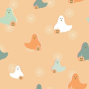 Ghosts Go Trick-or-Treating - Orange Halloween Kids Pastel Colors Nursery Mint Green Pumpkins Minimalist