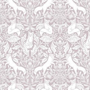 Woodland fox in cream white and pale lavender, medium, William Morris inspired